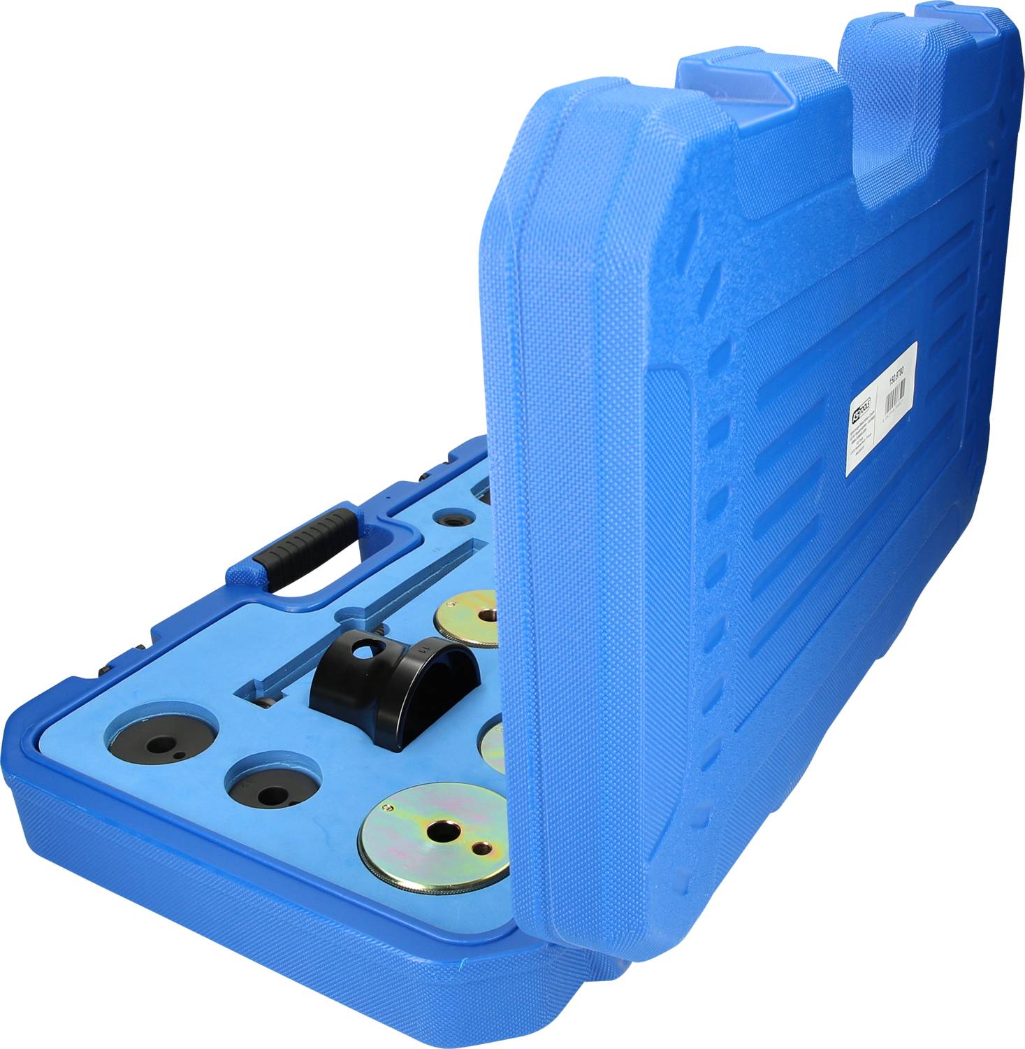 Blue tool case opened, showing various inserts and tools for vehicle maintenance.