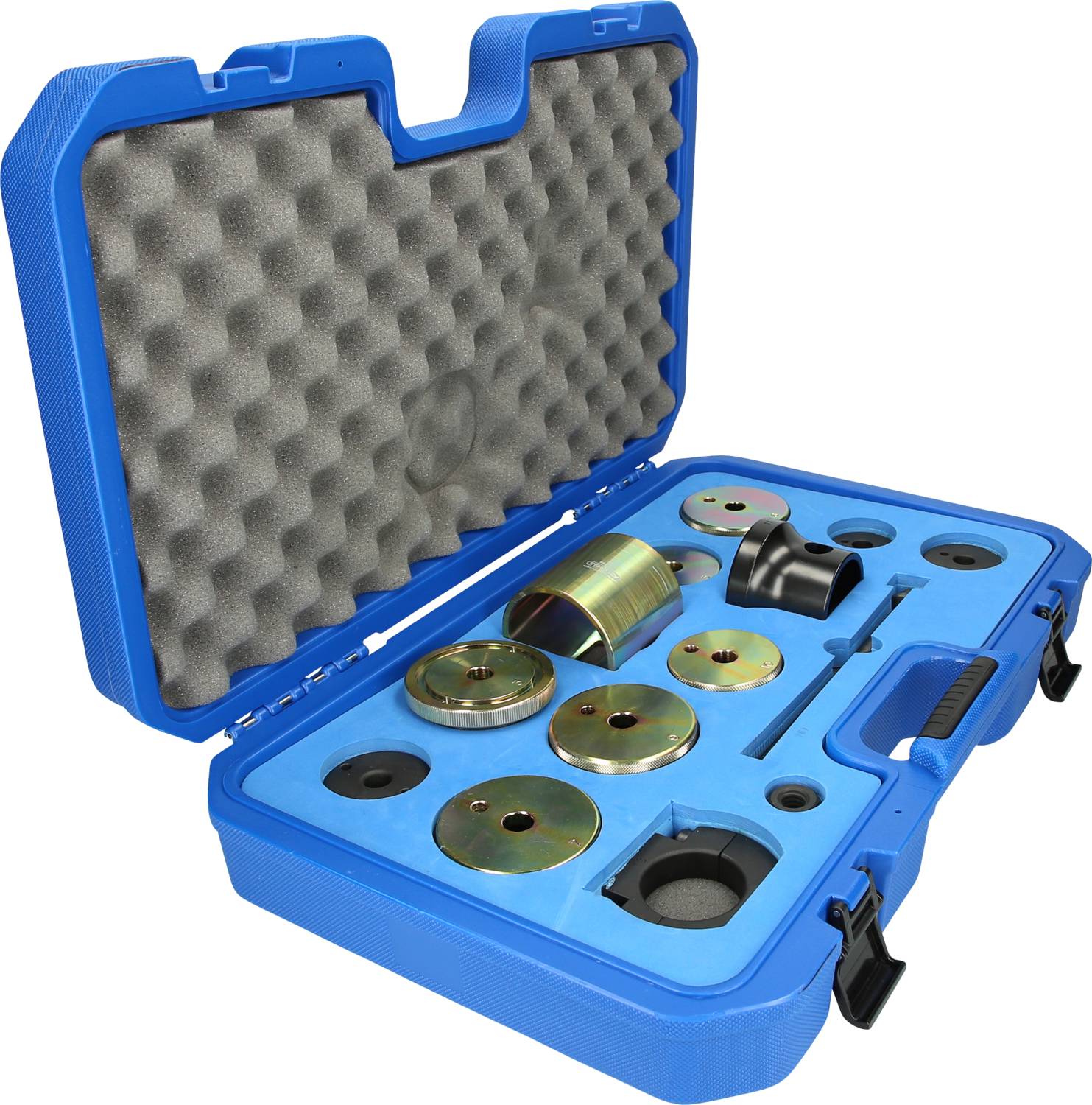 A blue suitcase with foam lining, filled with various metal tools and shapes used for specialised assembly work.