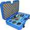 A blue suitcase with foam lining, filled with various metal tools and shapes used for specialised assembly work.