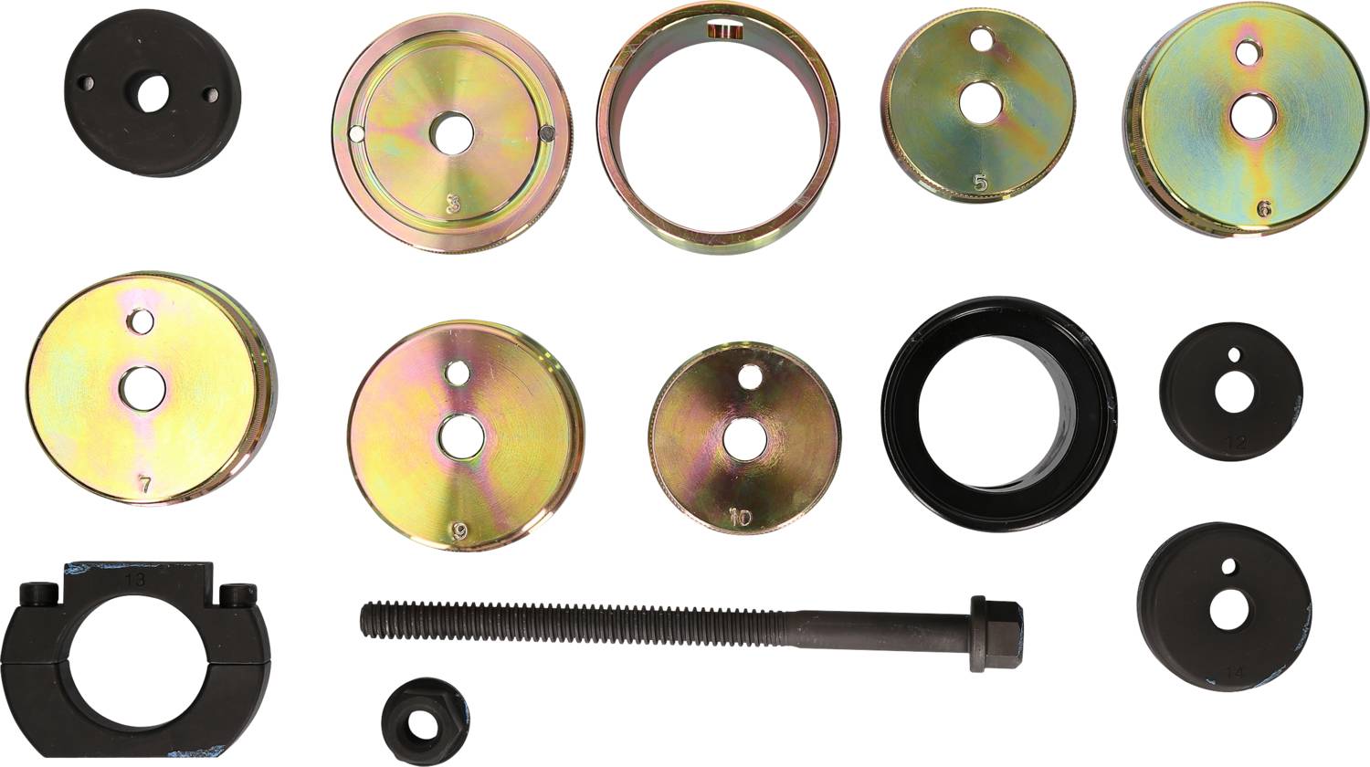 Various rings and metal tools, including screws and fixtures, which could be used for machine assembly.