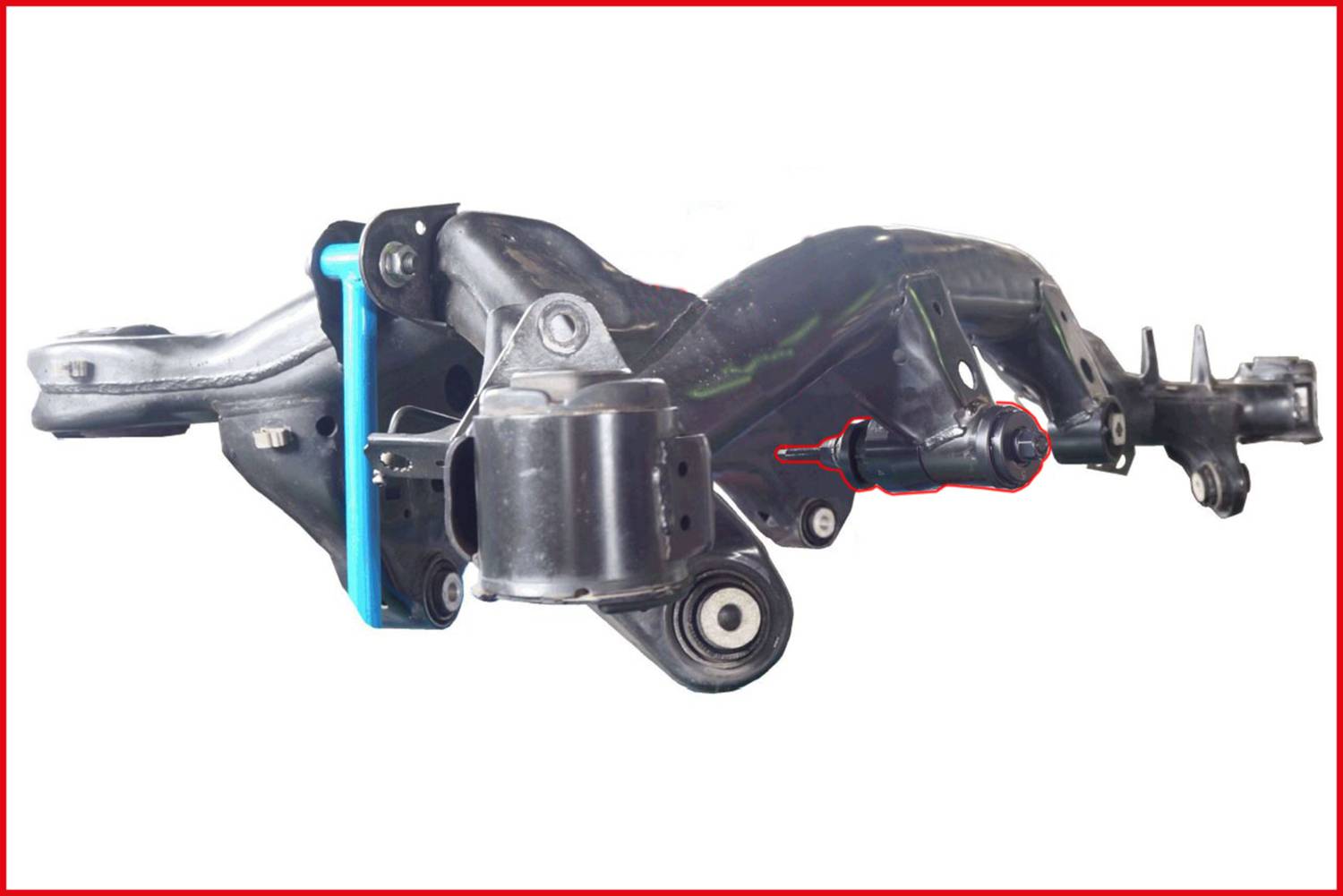 'Black car part with metal arms and connecting pieces, parts highlighted with blue and red markings.'