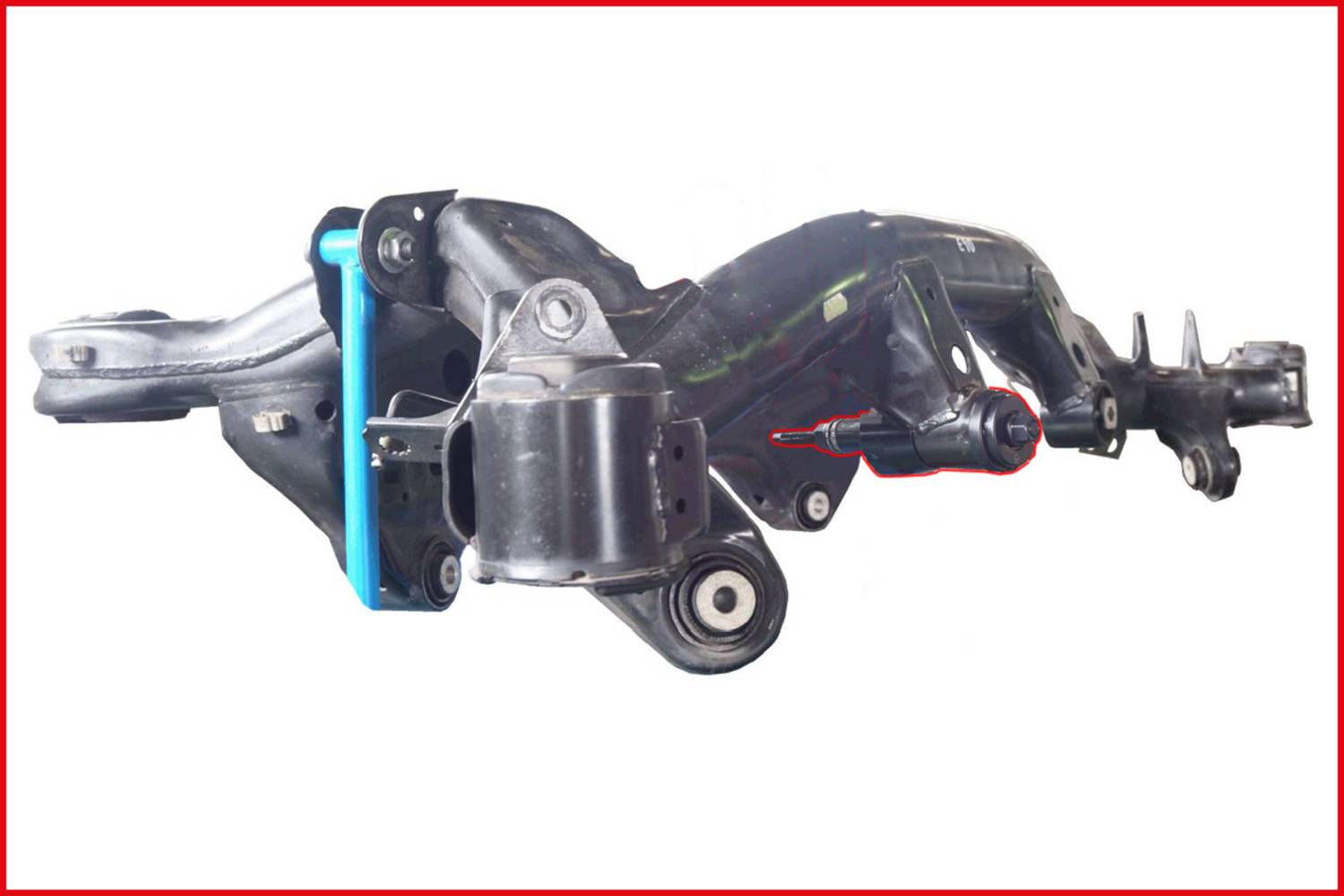 Vehicle suspension component made of metal, possibly a wishbone or axle carrier, with no identifiable background information.