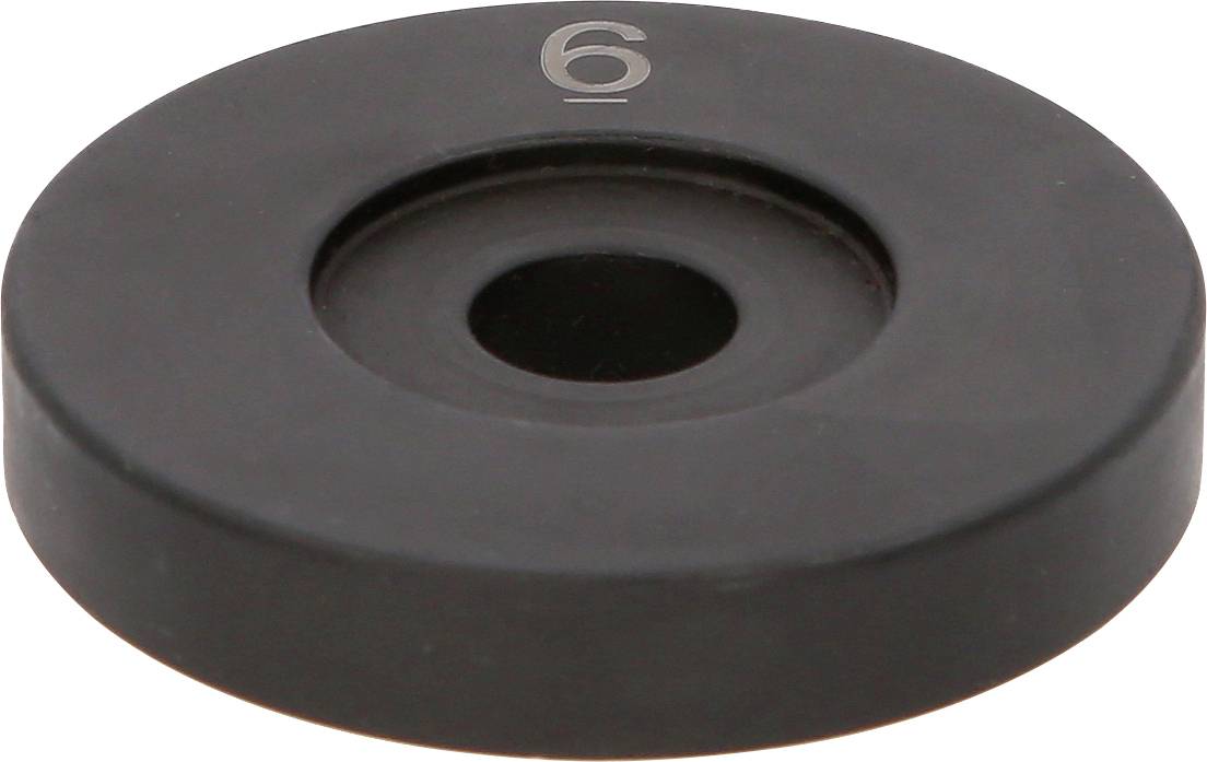 Black circular rubber grommet or washer with a central hole and the number '6' printed on top.