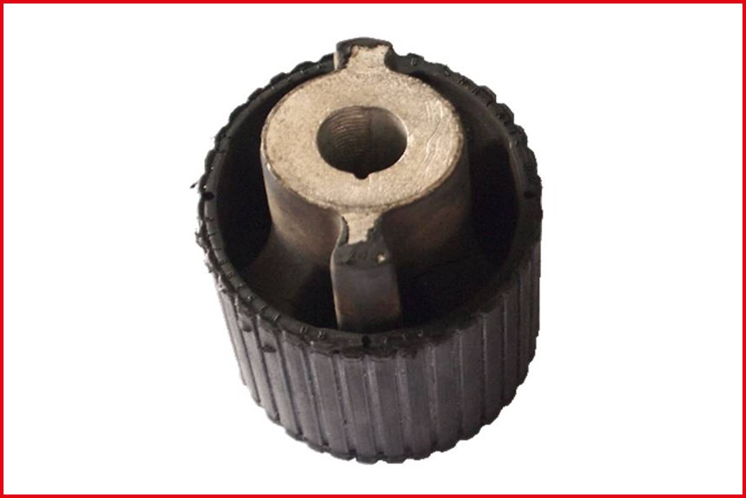 Close-up of a black plastic rotary knob with a metallic internal thread; used for mechanical controls.
