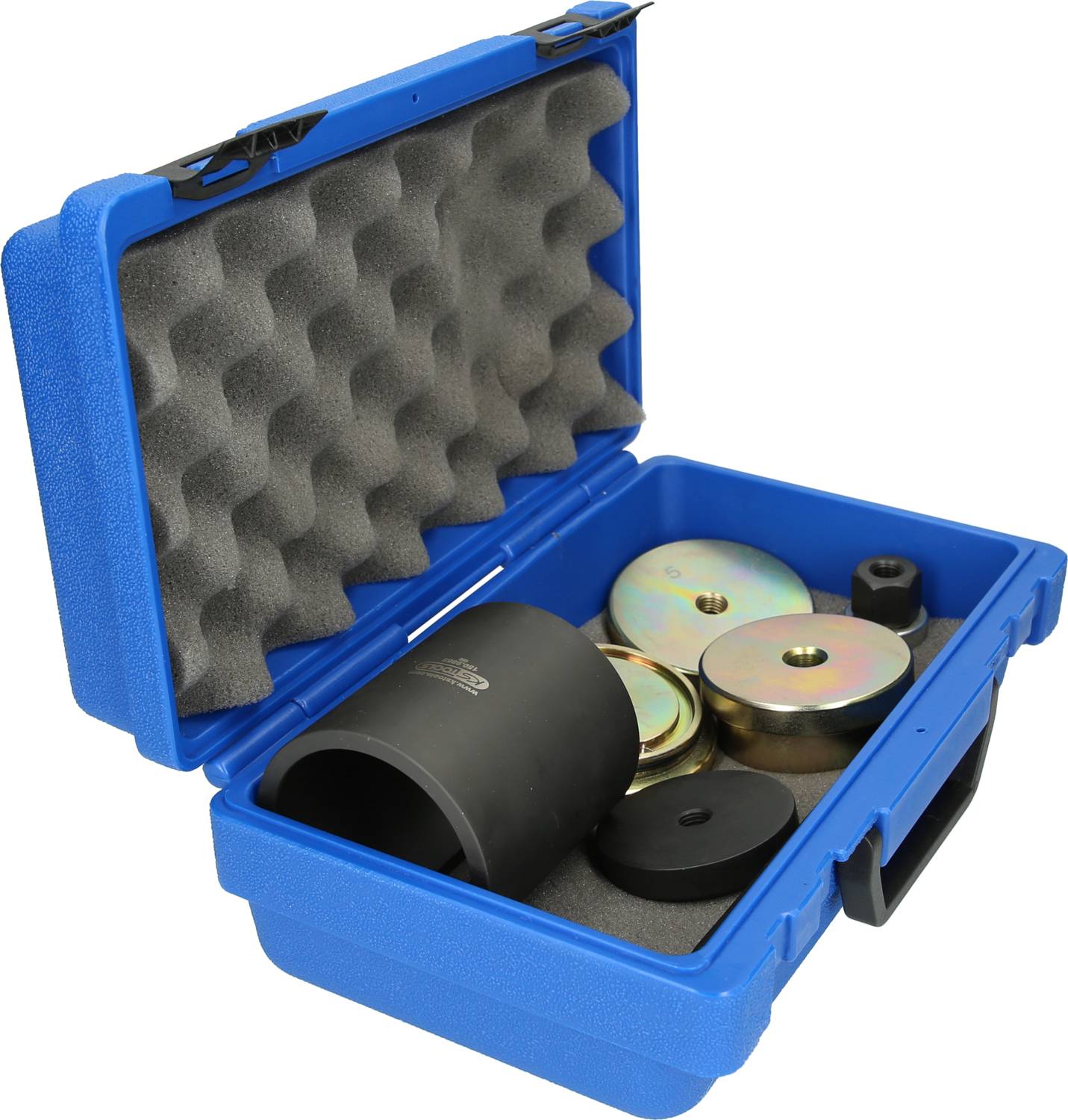 A blue tool case with foam inserts, filled with round metal weights and a black cylinder. Case open.