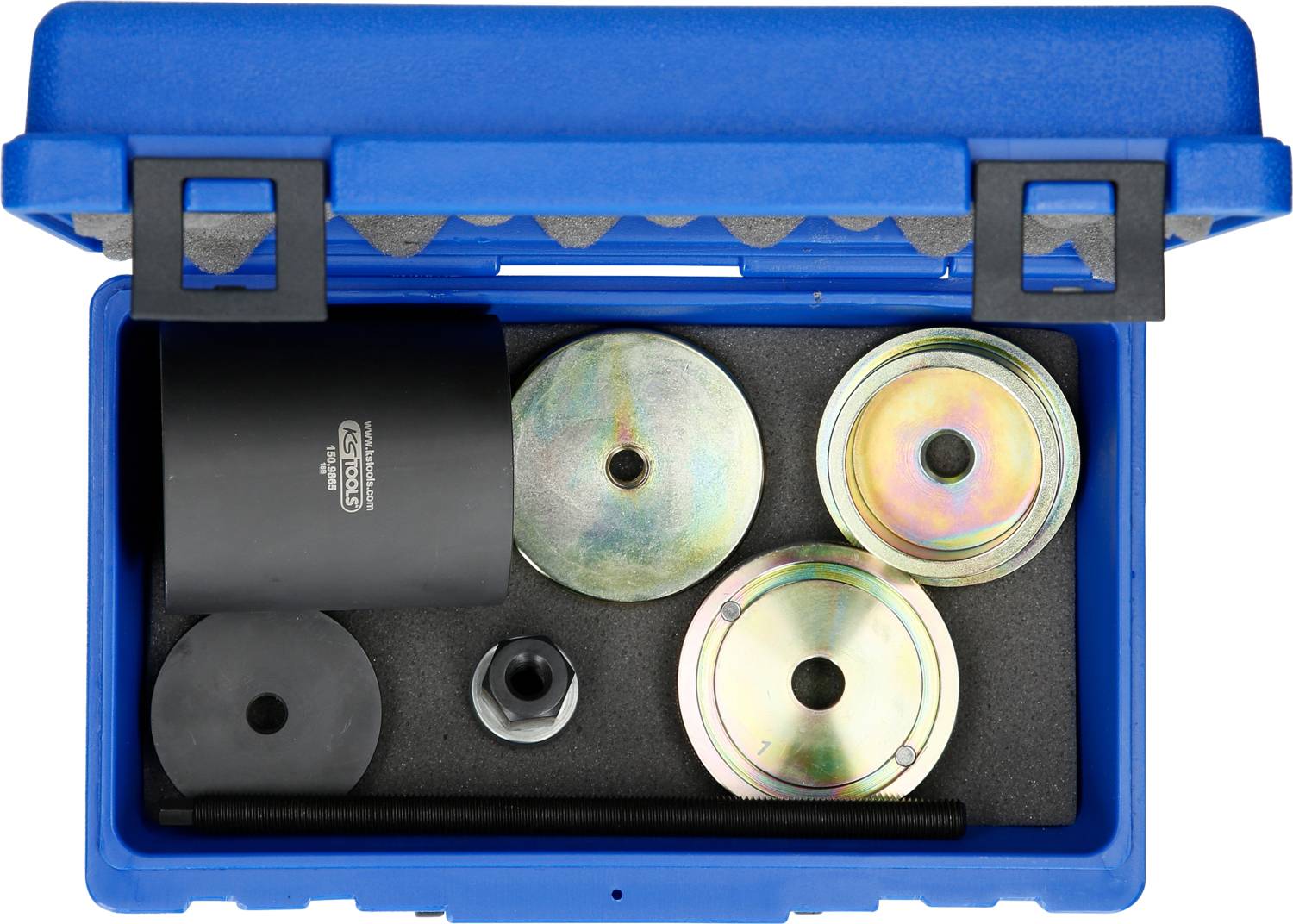 An open, blue toolbox contains various metal and plastic parts used for vehicle repair.
