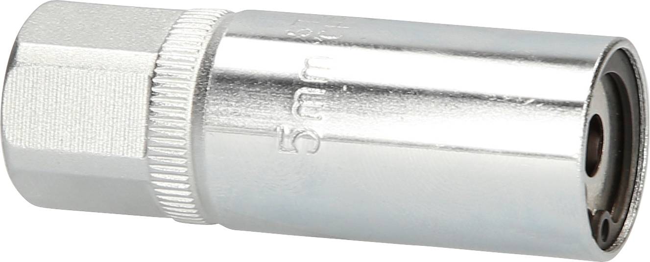 '5mm Metal socket, cylindrical shape with knurled handle, smooth surface, shiny silver colour, for tool use.'
