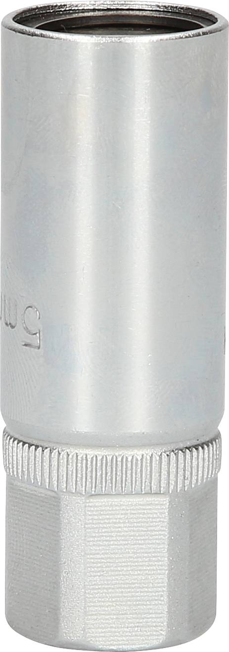 Metallic socket insert with a knurled handle, cylindrical shape, and hexagonal opening, for manual tools.