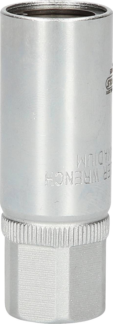 Metal spanner with knurled handle, silver-coloured, cylindrical shape, for power transmission when screwing, close-up.