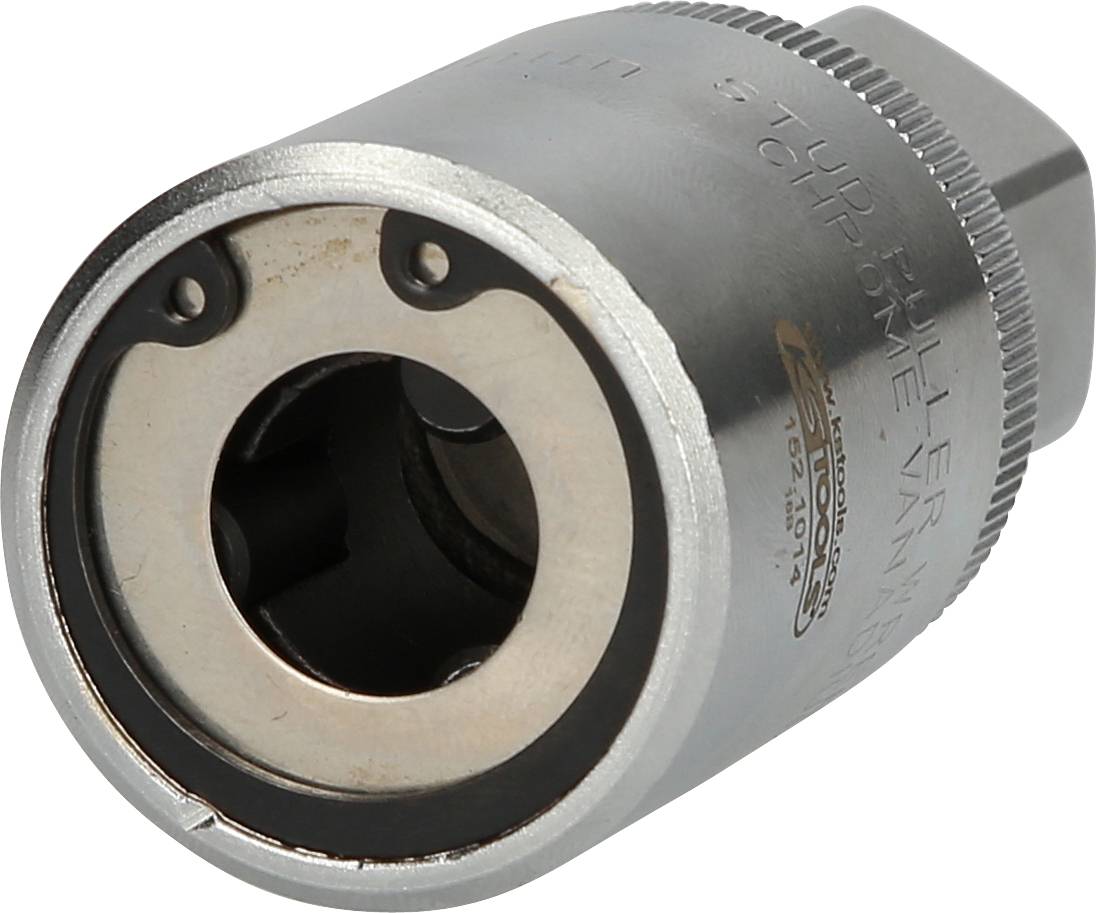 A silver socket drive with a round opening and non-slip edge, suitable for mechanical repairs and maintenance work.