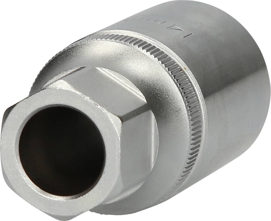 Metal socket wrench insert, cylindrical with a knurled end, suitable for screw work in various sizes.
