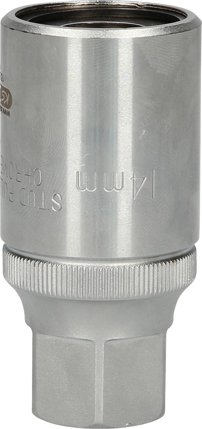 Metal socket nut, 14 mm, for tool insertion. Smooth surface with engraving. Primarily used for mechanical tasks.