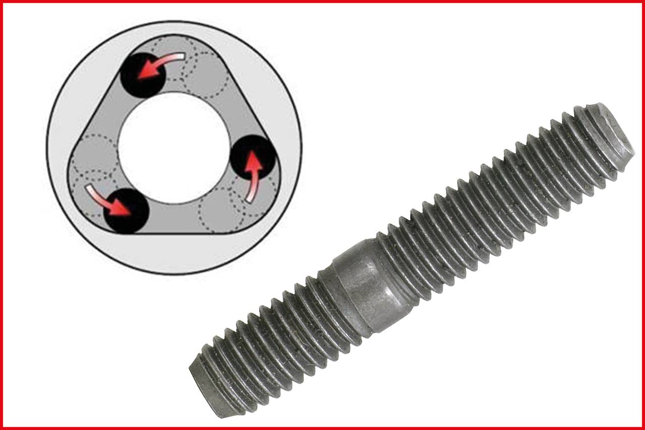A metal threaded bolt next to a schematic representation of its manufacture. The graphic shows arrows for the manufacturing process.