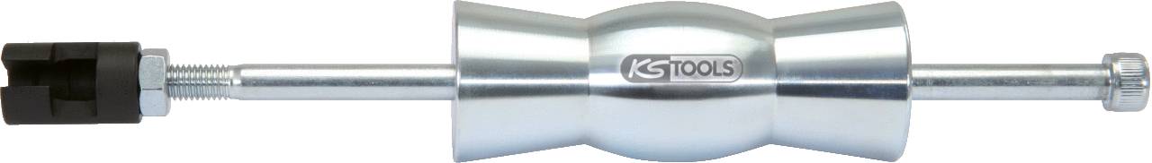 Close-up of a silver sliding hammer with a black handle. Central weight ensures momentum. Tool for removing stuck parts.