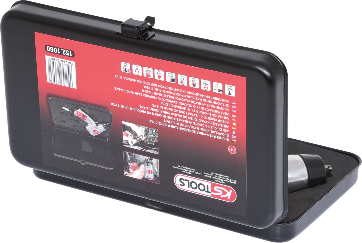 Metal toolbox from KS Tools contains screwdriver set. Sticker with product information and barcode on the side of the case.
