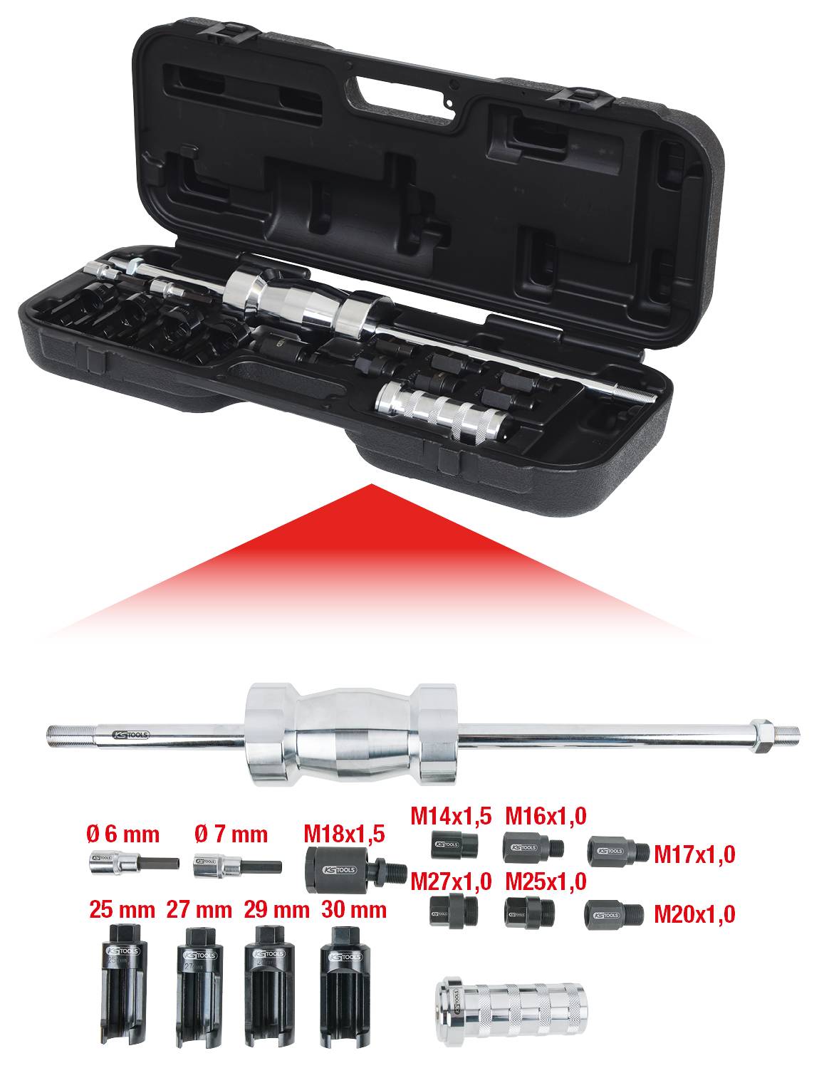 A tool set in an open black case, comprising a sledgehammer, various adapters and attachments, with size specifications underneath.