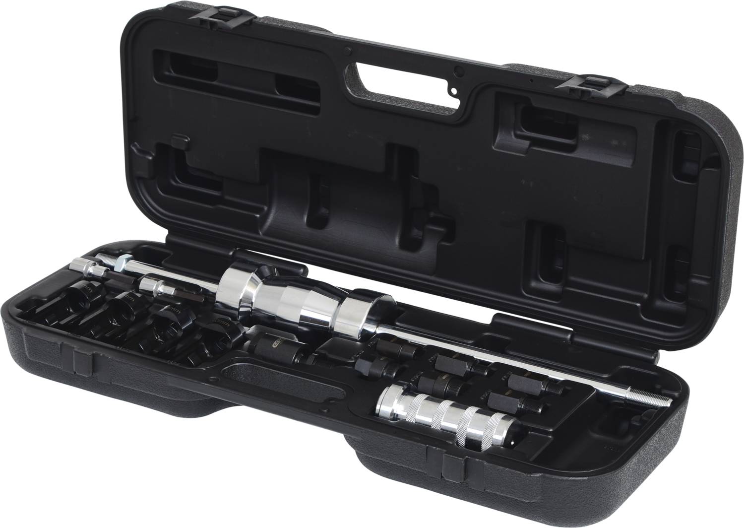 An open black toolbox with various metal tools and attachments neatly arranged in compartments.