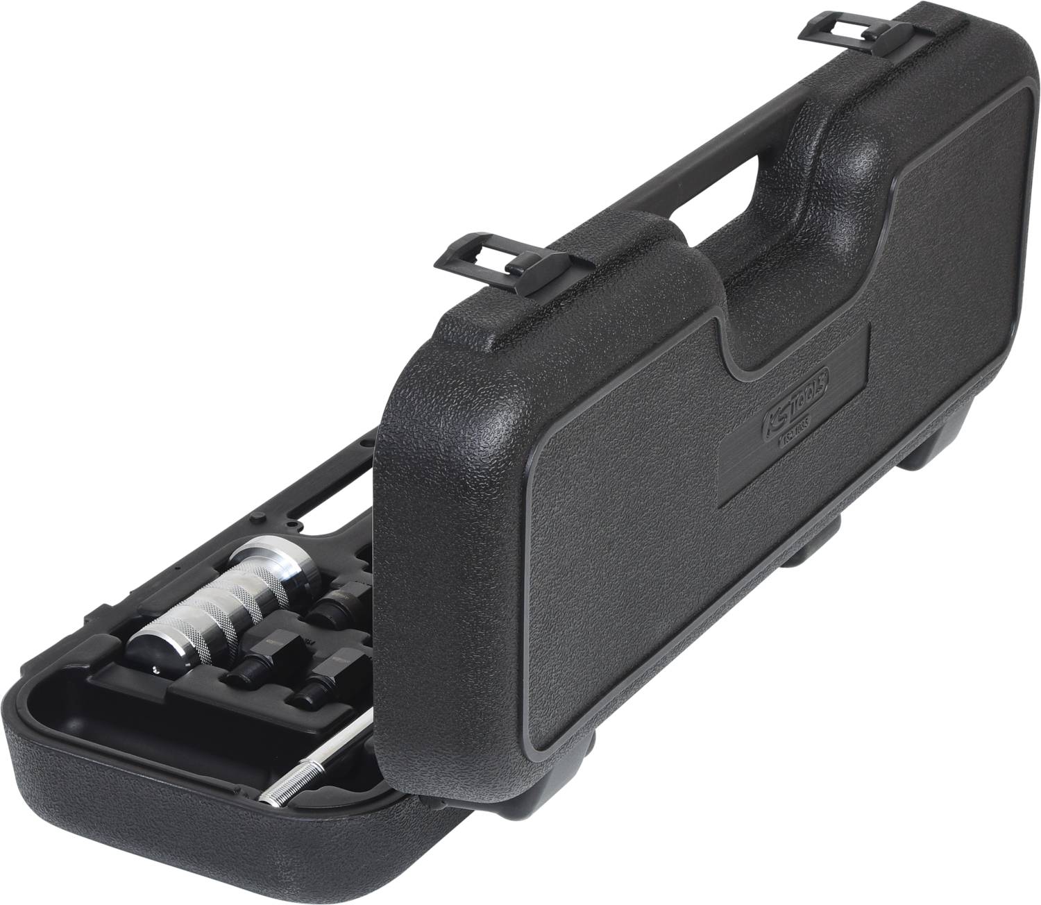 Plastic tool case with metal tools and inserts inside, partially open, with a black housing and handle.