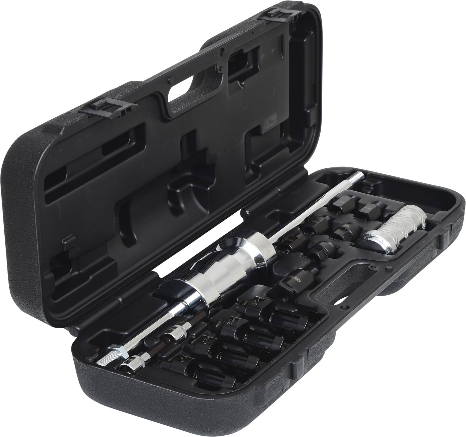 Black plastic toolcase with a selection of socket wrenches and a torque wrench. Tools are neatly arranged.
