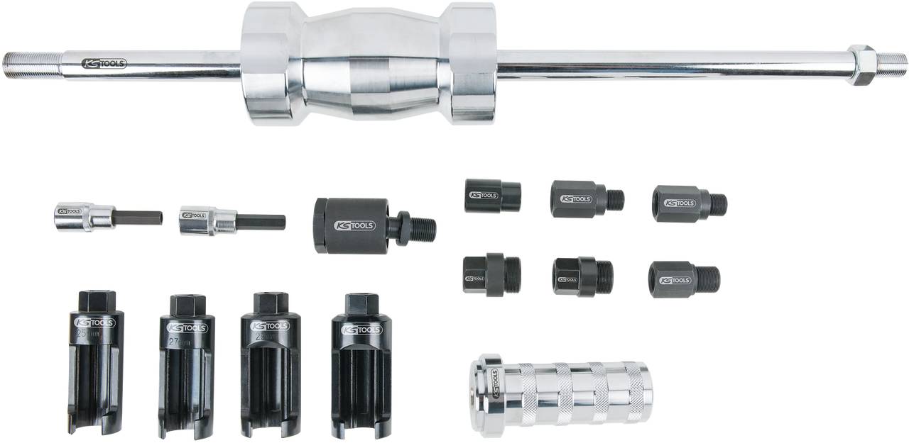 A set of automotive tools, including a long handle and various adapters, used for vehicle repair or maintenance.