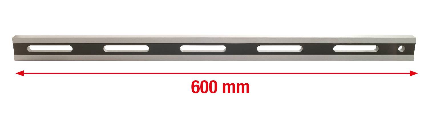 Metal strip with five oval holes and a round bore at the end. Length indicated in red script '600 mm' underneath.
