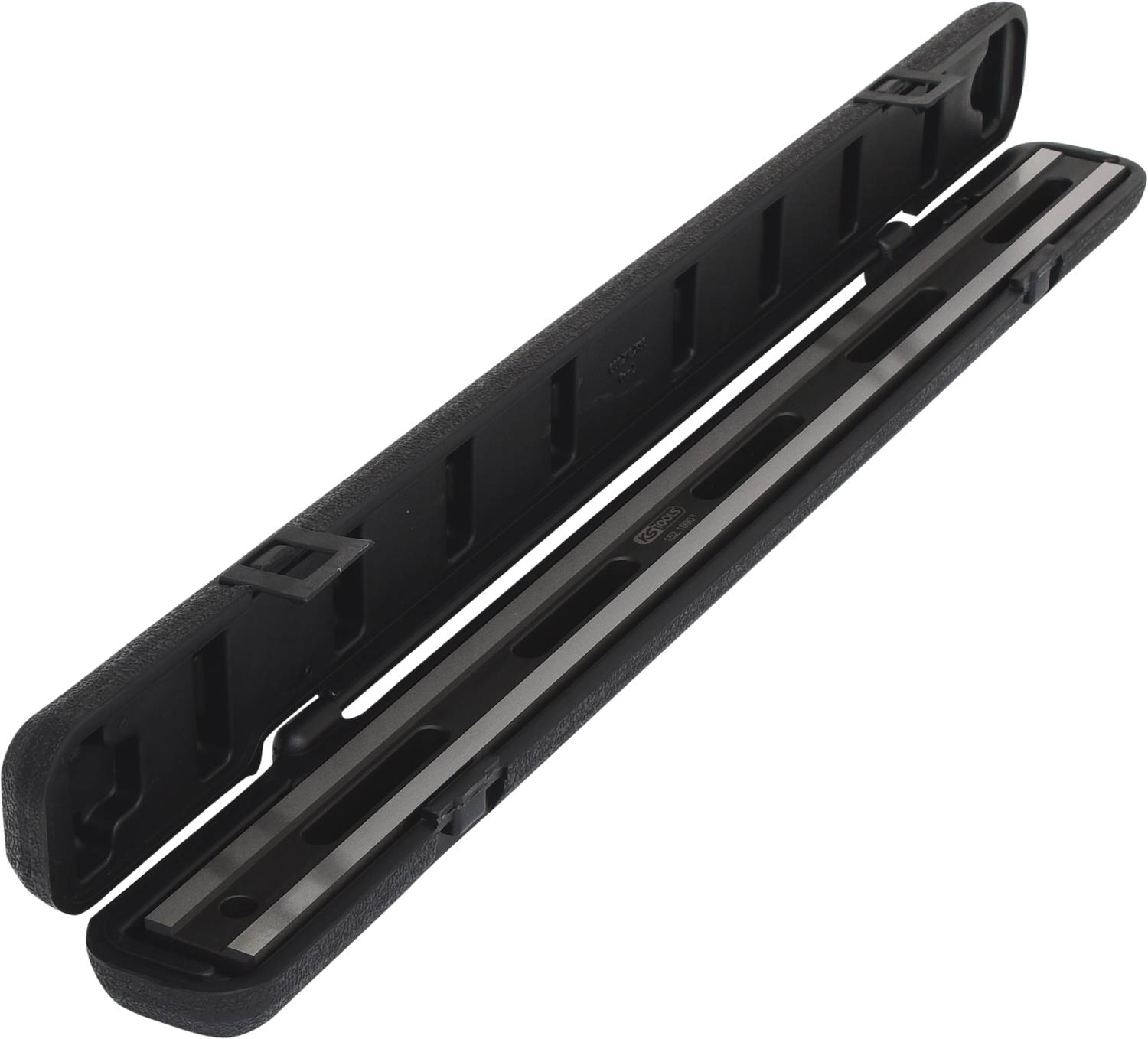 Black plastic casing with a rectangular metal strip in the centre, opened and visible from the side.