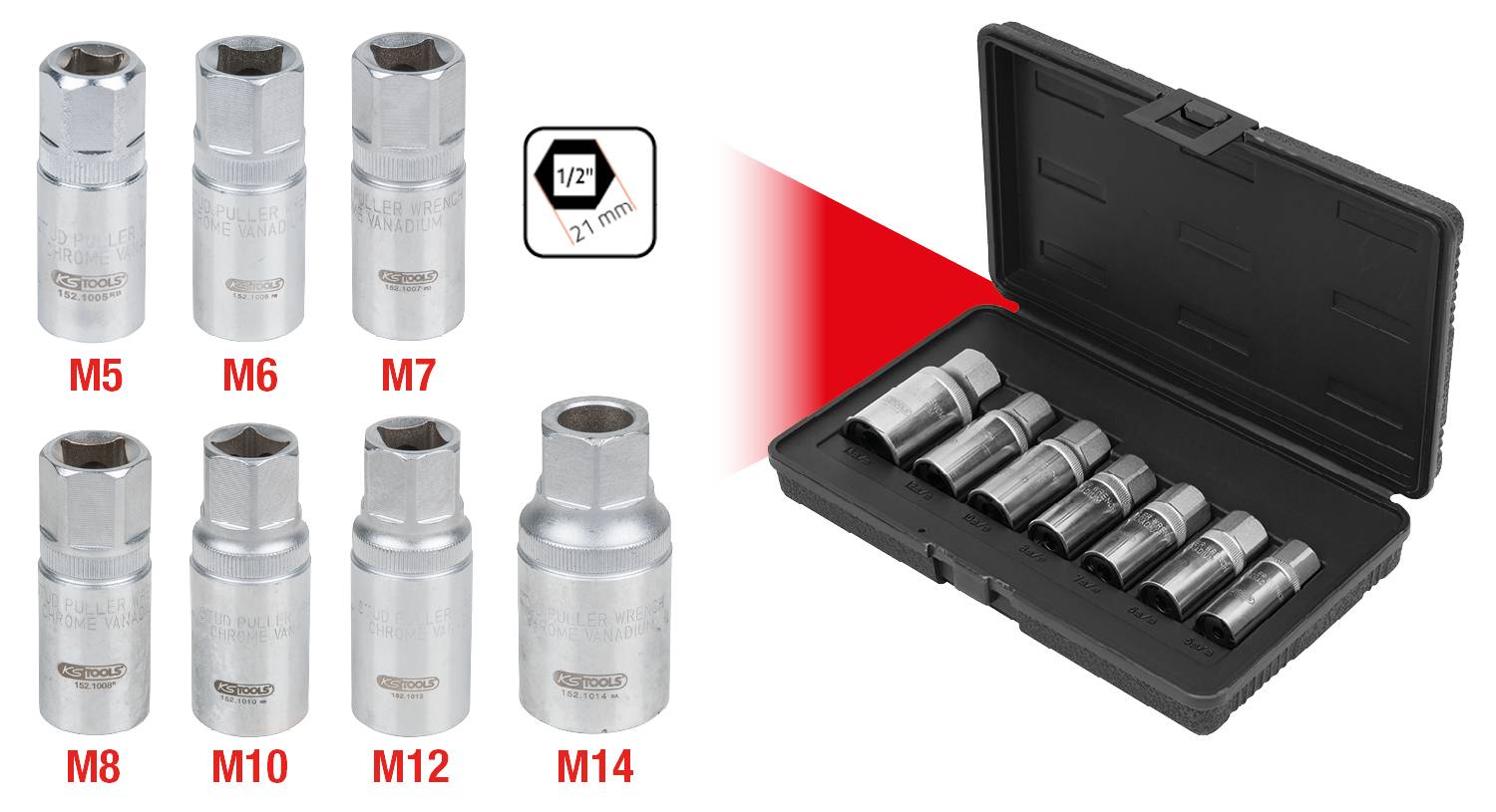 A set of eight external Torx socket wrenches in various sizes from M5 to M14 in an open black case.