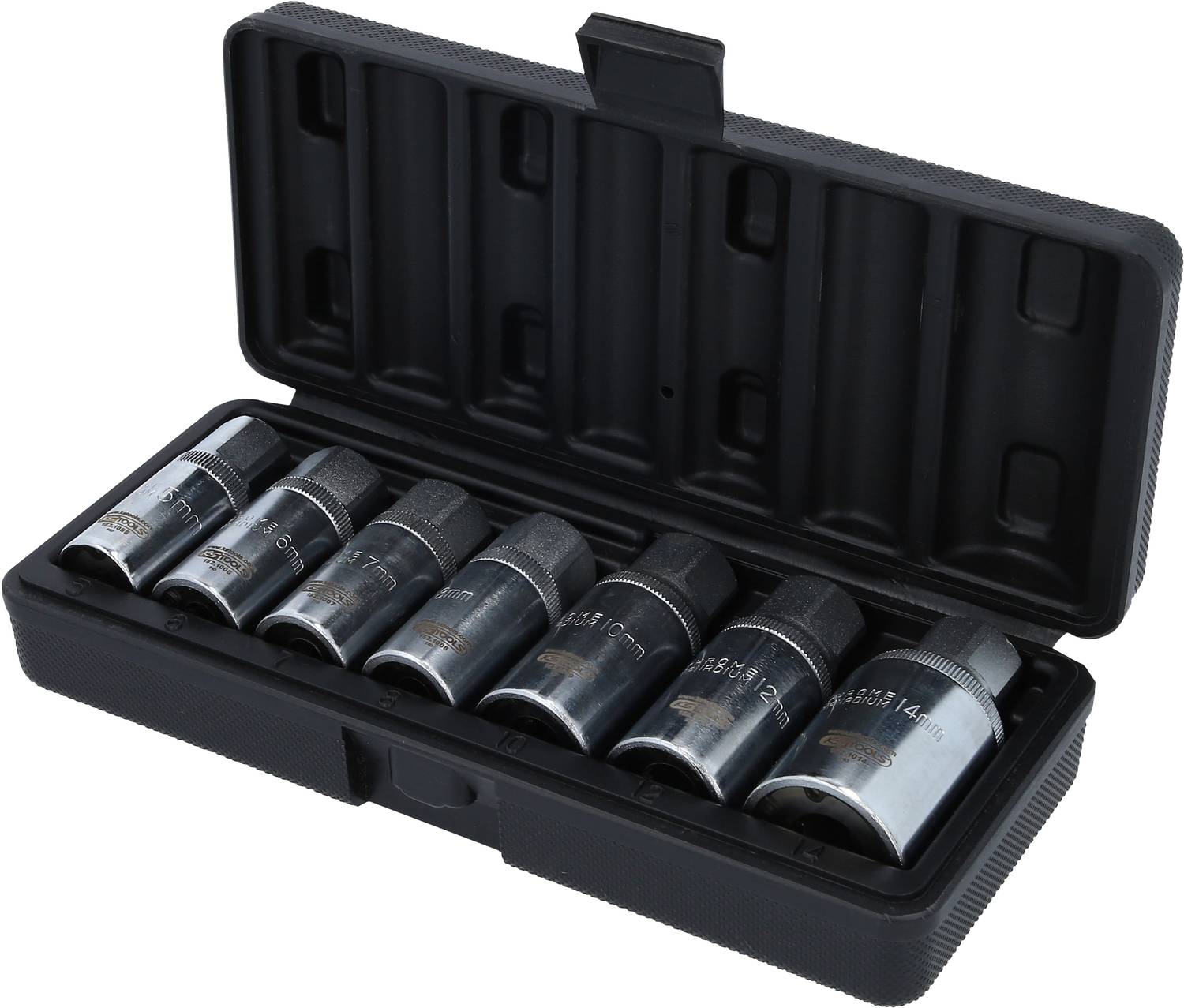 A set of seven socket nuts in an open black plastic box, suitable for use with ratchets or spanners.