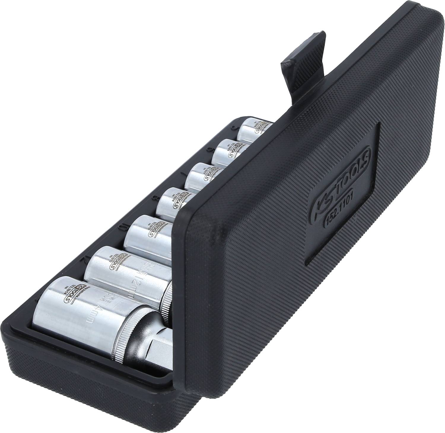 An open black toolbox with several silver socket wrenches neatly arranged in two rows.