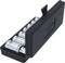 An open black toolbox with several silver socket wrenches neatly arranged in two rows.
