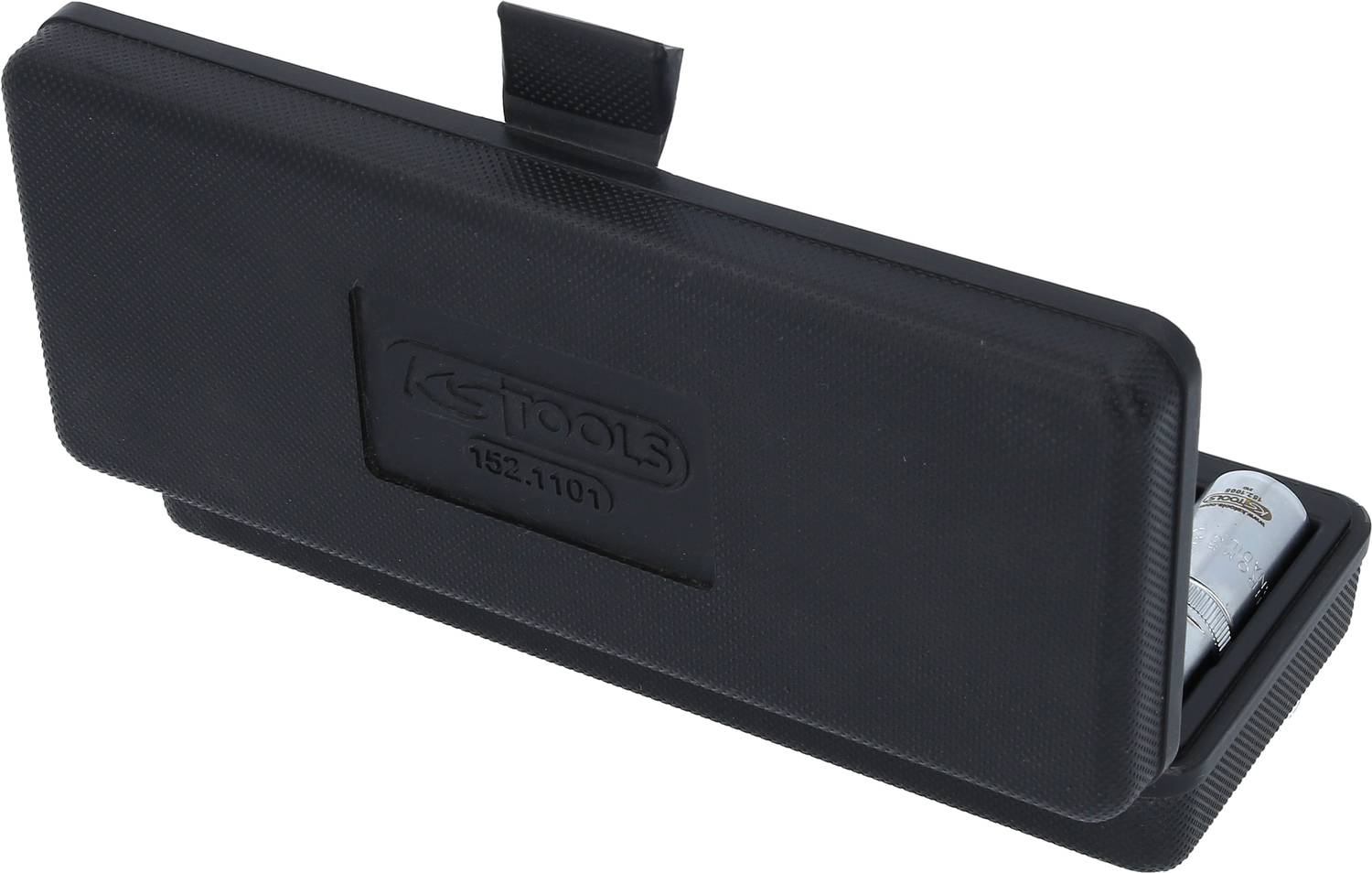 'Set of auto parts in a black plastic case with a lid. Partially opened cover reveals some metal parts inside the housing.'