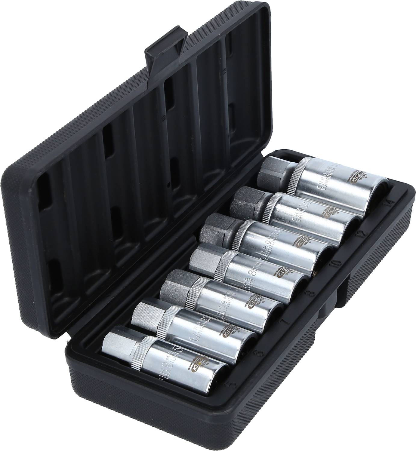 A black plastic case contains a set of seven socket keys in various sizes, neatly arranged side by side.