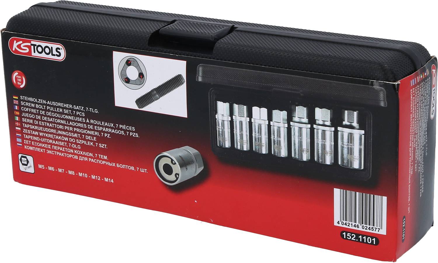 Black toolbox with socket wrench set. Contains multiple socket wrenches and tools, as shown in the packaging image.