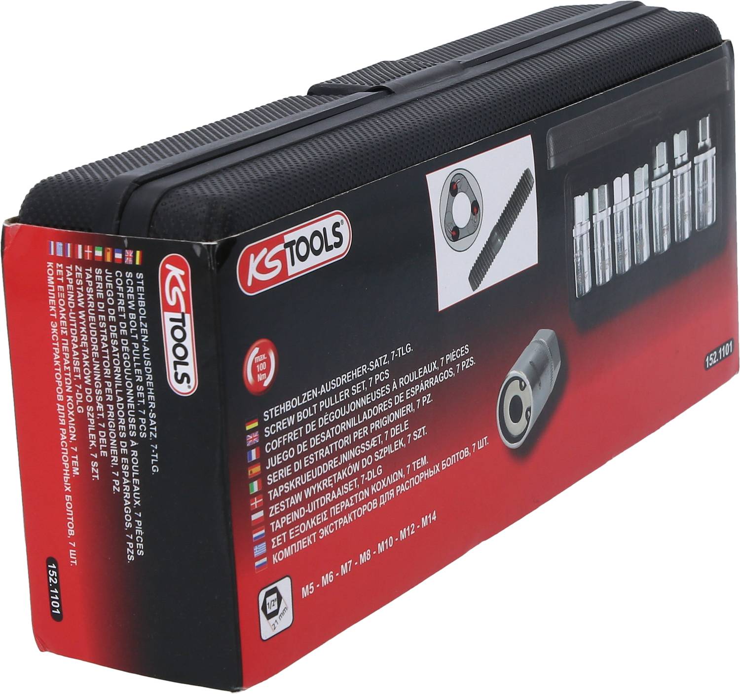 'Stud Bolt Extractor Set' by KSTOOLS, contains extractors and accessories for various screw sizes in a compact case.