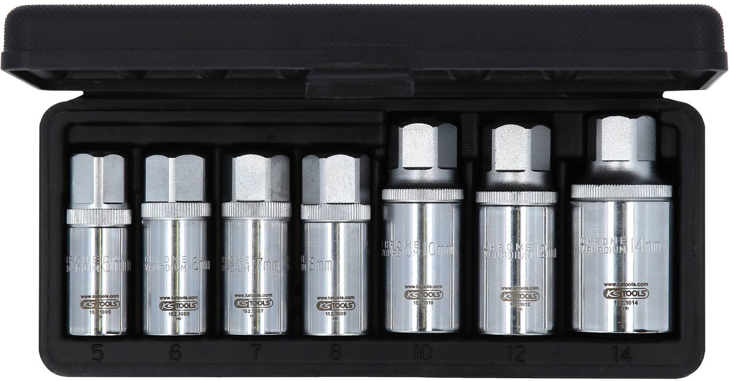 A set of hexagonal socket wrenches in various sizes from 5 to 14 mm, neatly arranged in a black case.