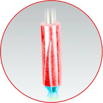 A red and white cylindrical object with a blue base and a grey top, positioned centrally in the image.