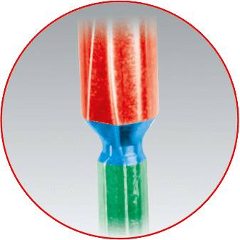 'Graphic of a coloured electrical cable with red and green sheaths, connected by a blue element in the centre, on a grey background.'