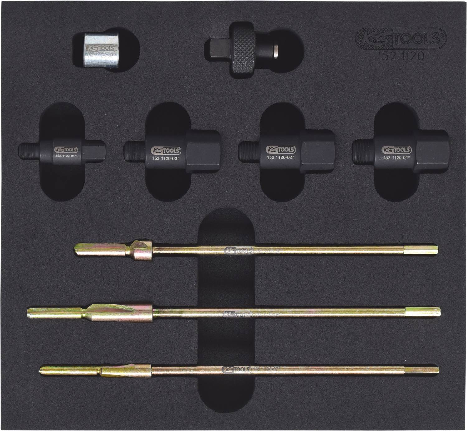 Tool set with multiple specialised attachments and extensions, organised in a foam insert. Suitable for specific mechanical tasks.