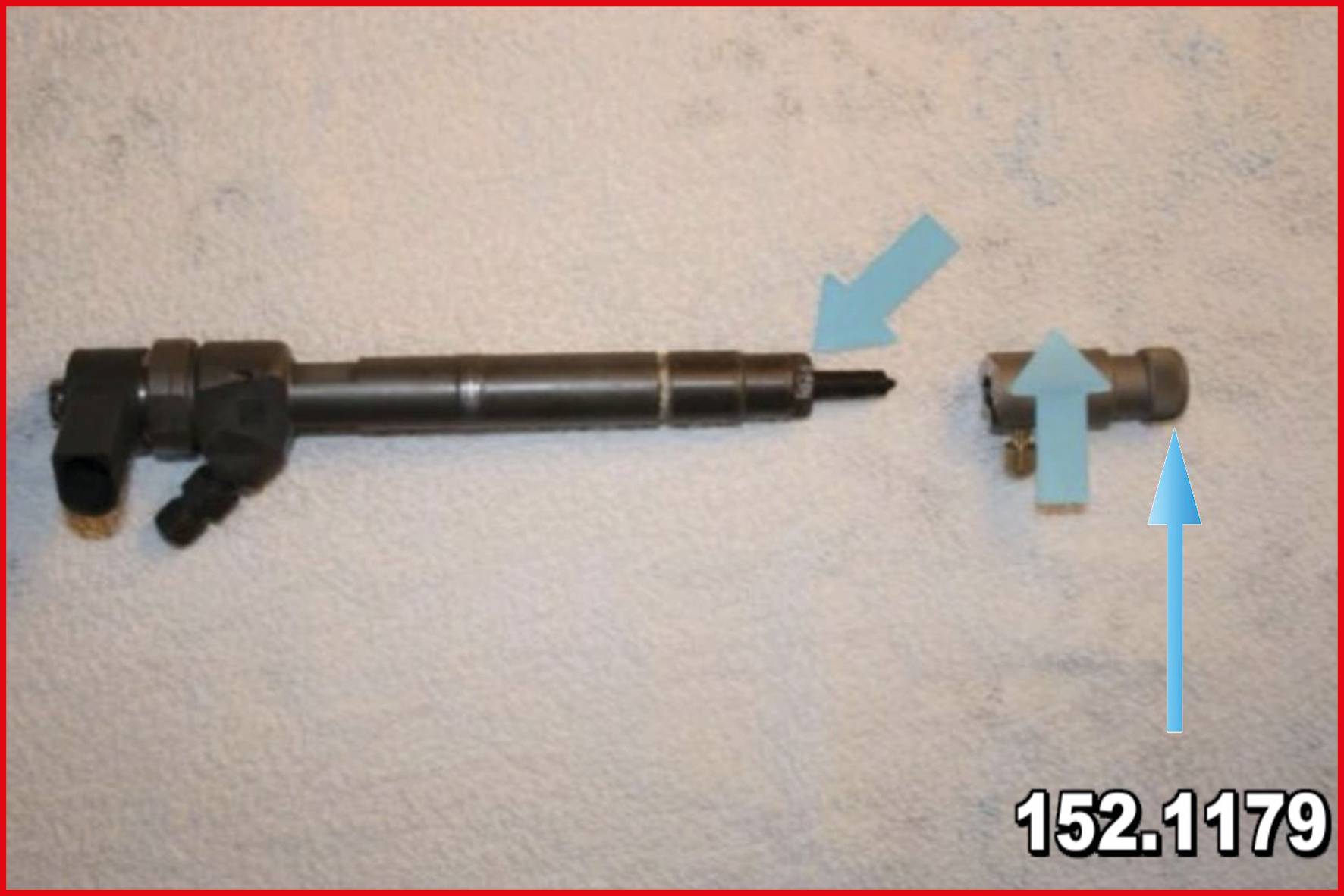 'Detached component with two blue arrows pointing to separate parts of a mechanical cylinder.'