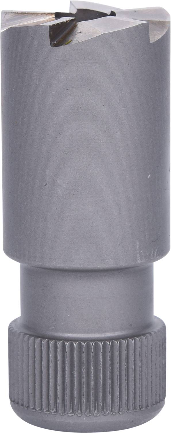 A cylindrical metal drill crown with a toothed cutting edge, used for drilling into hard materials.