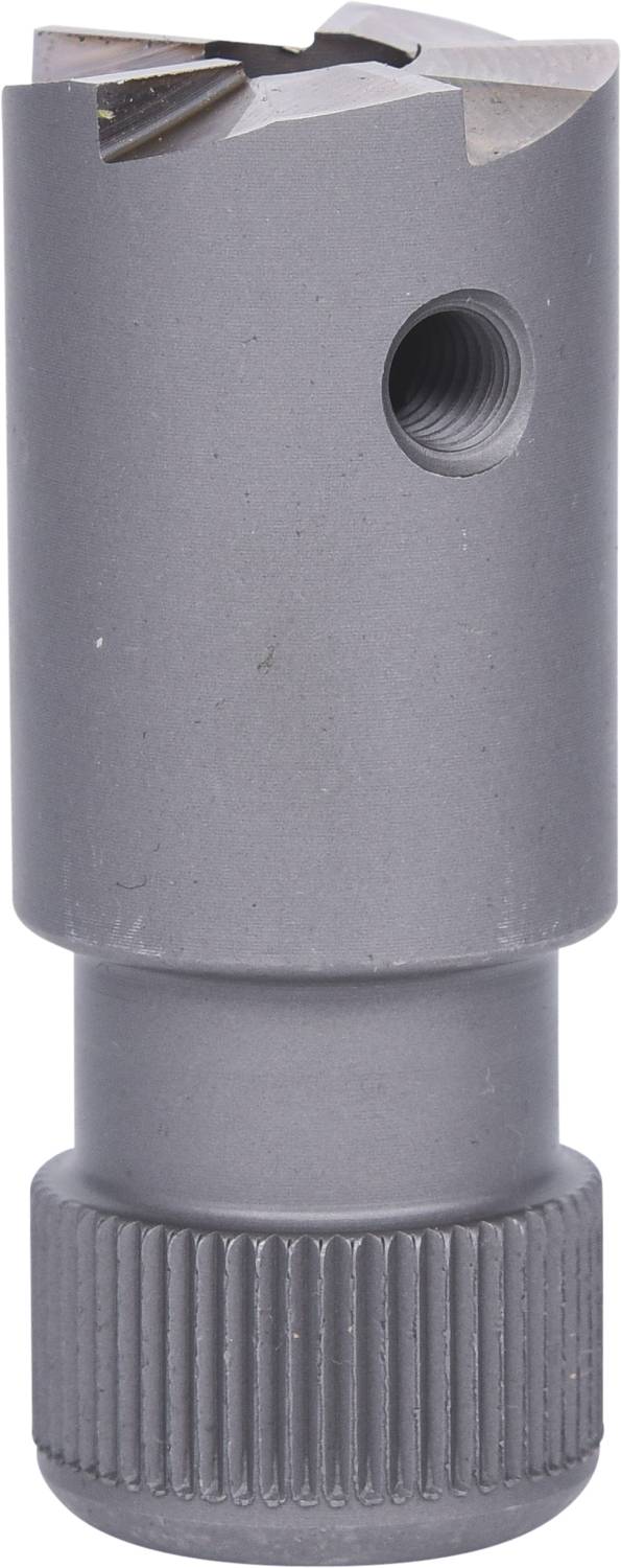 Drill tool with a cylindrical metal casing and ribbed grip section, tapering to a point at the top.