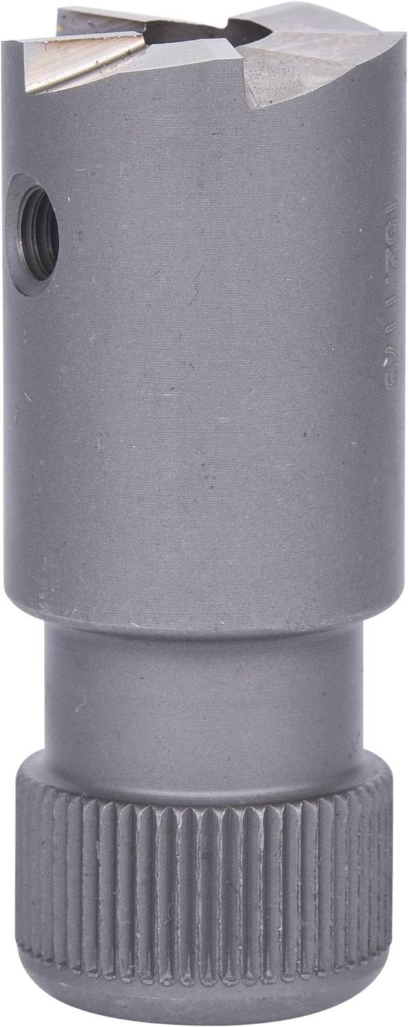 A silver-coloured metal drill bit with a cylindrical shape and a knurled handle. Essential for drilling machines used in metalworking.