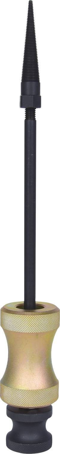 A screwdriver with a narrow, tapered tip and an ergonomic handle made of metal and plastic is shown.