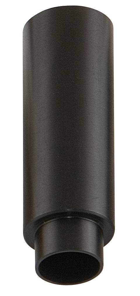 A black, cylindrical pipe adapter piece against a white background, used for connecting two pipe sections of different diameters.