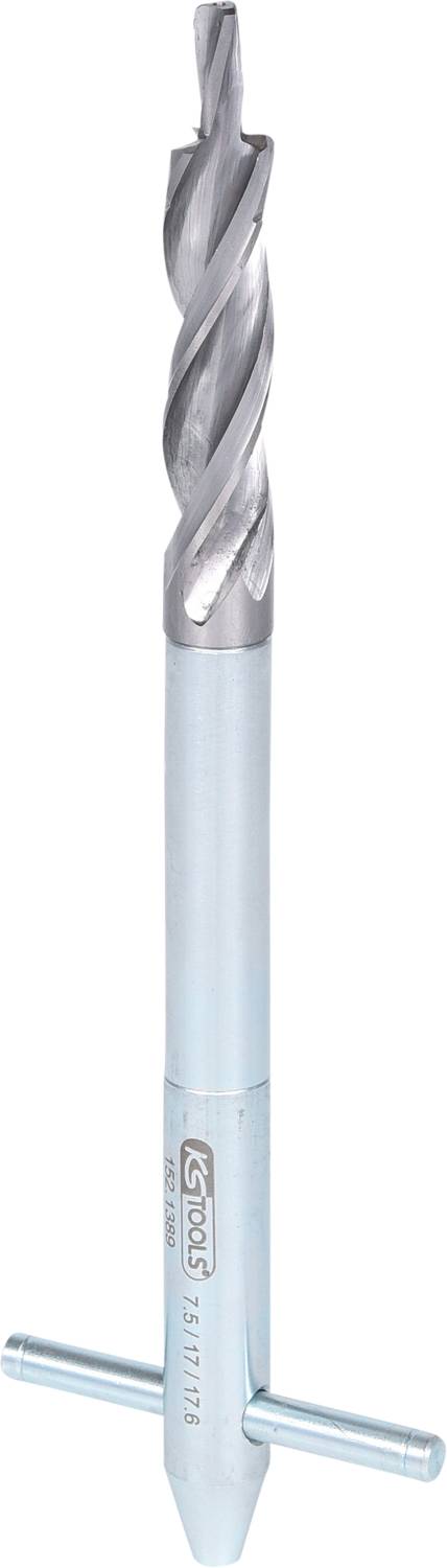 A cylindrical metal tool with a spiral drill and cross handle, likely a hand-operated reamer or drill.