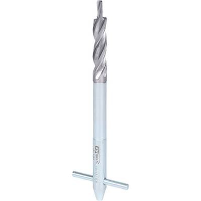 A cylindrical metal tool with a spiral drill and cross handle, likely a hand-operated reamer or drill.