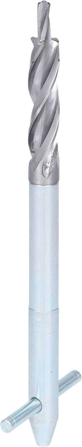 A metallic twist drill with a T-handle at the base. The drill has a shiny, spiral-shaped blade.