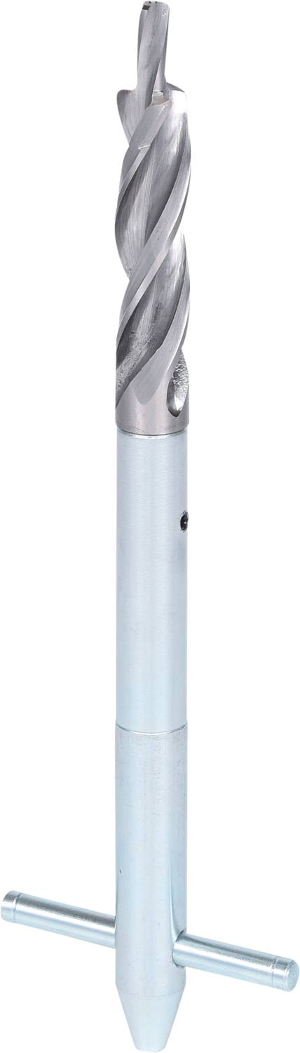 A conical metal drill bit with a spiral design, silver at the top, with a crossbar handle at the bottom. Used in drilling machines for creating holes in materials.