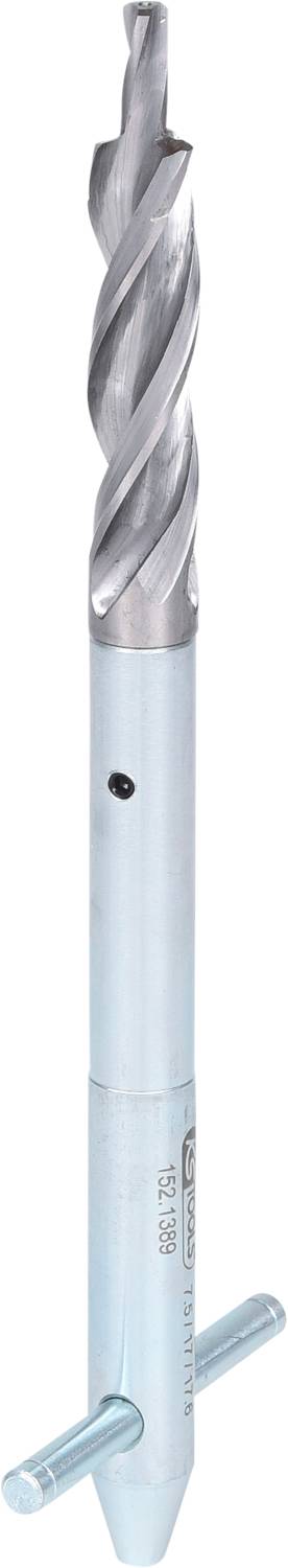 Metal drill with helical flutes and handle, suitable for drilling holes in metal surfaces.