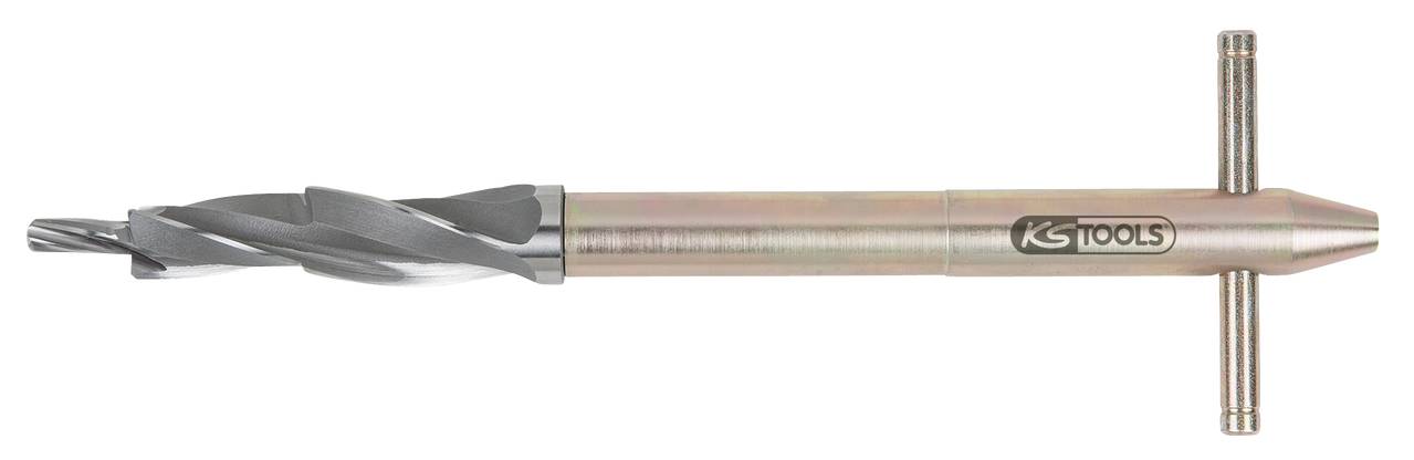 A metal tool consisting of a long spiral drill with a T-handle, used for precise drilling work.